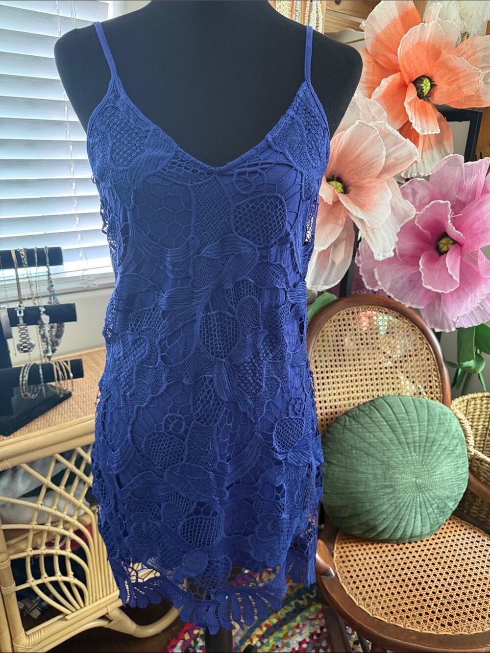 Express Royal Azure Blue Crochet Lace Spaghetti Strap Boho Femme Mini Dress